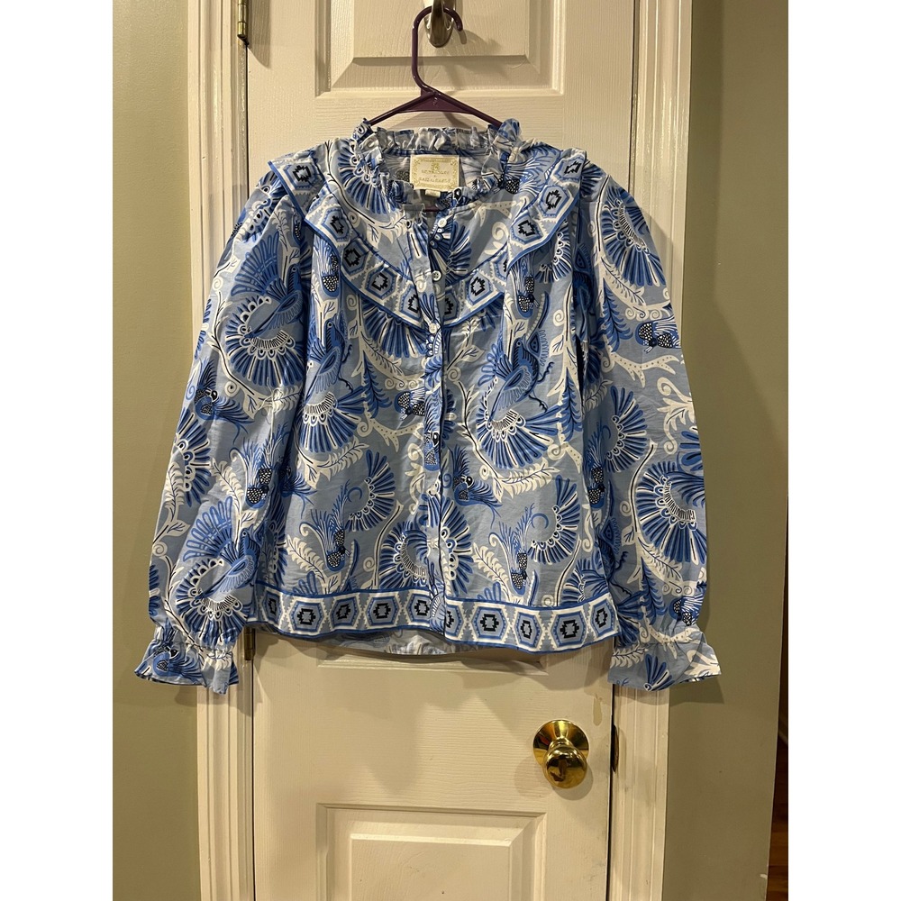 Sail to Sable x GK Bradley Blue Bird Print Ruffle Bib Cotton Blouse XS